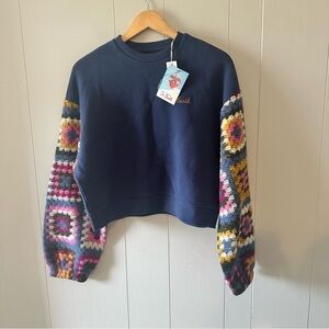 MC2 Saint Barth Apres Ski NWT Lumiere Crochet Sleeve Crop Sweatshirt Blue New